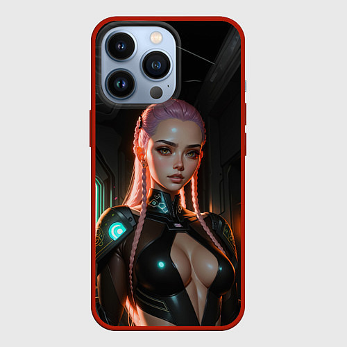 Чехол iPhone 13 Pro Красивая девушка киберпанк / 3D-Красный – фото 1