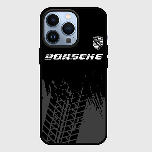 Чехол iPhone 13 Pro Porsche speed на темном фоне со следами шин: симво / 3D-Черный – фото 1