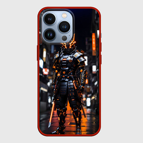 Чехол iPhone 13 Pro Кибер робот самурай от нейросети / 3D-Красный – фото 1