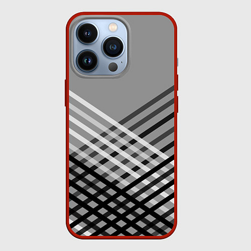 Чехол iPhone 13 Pro Косые черно-белые полосы на сером / 3D-Красный – фото 1