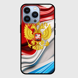 Чехол iPhone 13 Pro Герб России на фоне флага