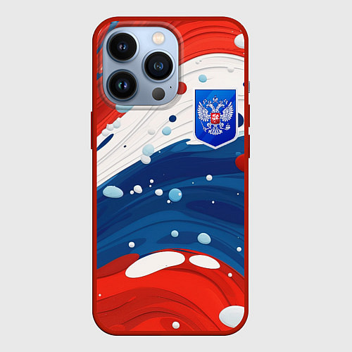 Чехол iPhone 13 Pro Триколор брызги краски и герб РФ / 3D-Красный – фото 1