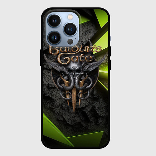 Чехол iPhone 13 Pro Baldurs Gate 3 logo green abstract / 3D-Черный – фото 1