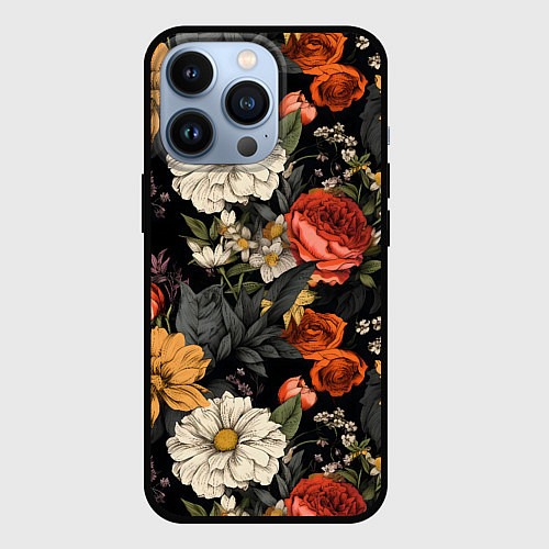 Чехол iPhone 13 Pro Цветочный паттерн на черном / 3D-Черный – фото 1