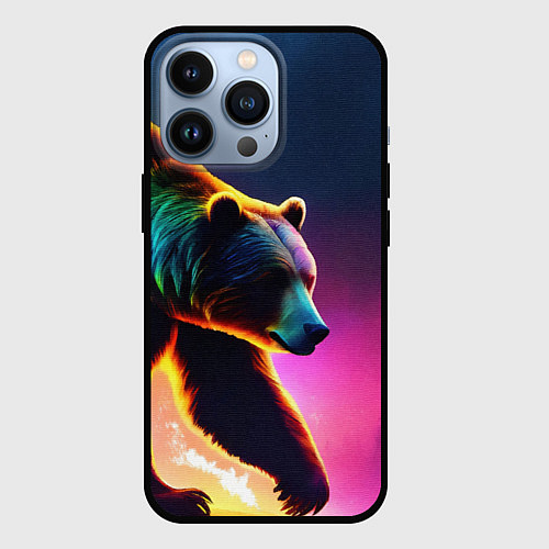 Чехол iPhone 13 Pro Неоновый светящийся медведь гризли / 3D-Черный – фото 1