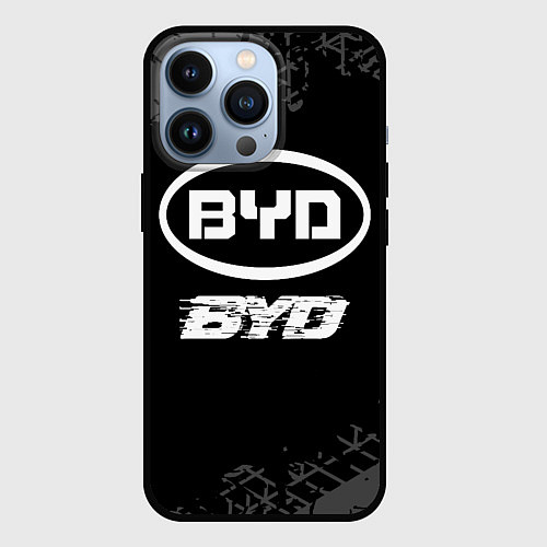 Чехол iPhone 13 Pro BYD speed на темном фоне со следами шин / 3D-Черный – фото 1