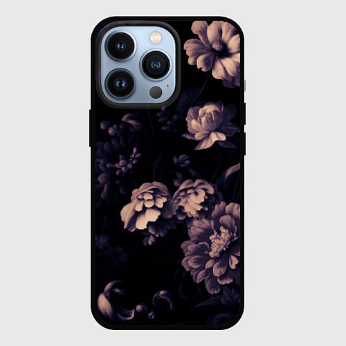 Чехол iPhone 13 Pro Цветы приглушенный чёрный / 3D-Черный – фото 1