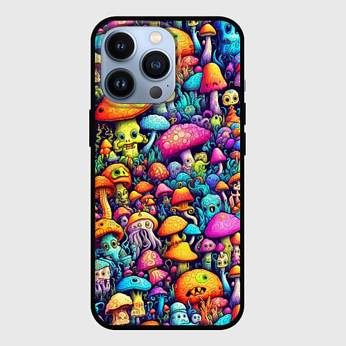 Чехол iPhone 13 Pro Кислотные психоделические грибы / 3D-Черный – фото 1