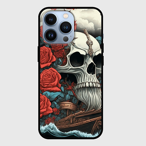 Чехол iPhone 13 Pro Череп викинга на корабле с розами в стиле тату ире / 3D-Черный – фото 1