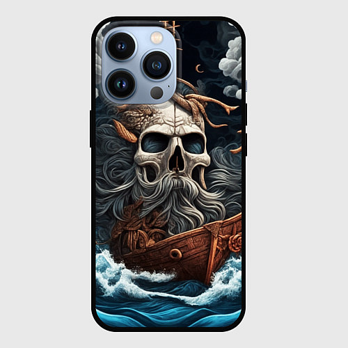Чехол iPhone 13 Pro Тату ирезуми черепа пирата на корабле в шторм / 3D-Черный – фото 1