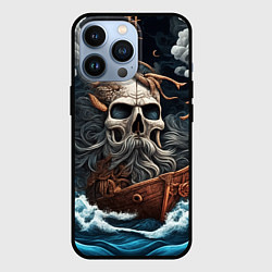 Чехол для iPhone 13 Pro Тату ирезуми черепа пирата на корабле в шторм, цвет: 3D-черный