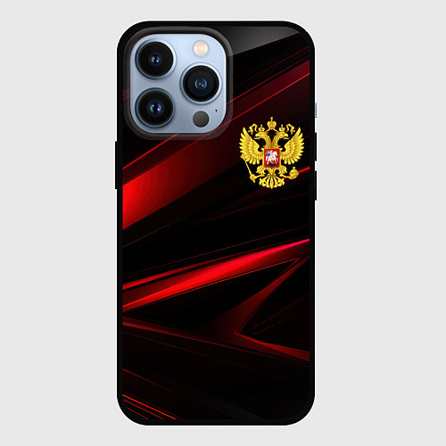 Чехол iPhone 13 Pro Золотистый герб России / 3D-Черный – фото 1