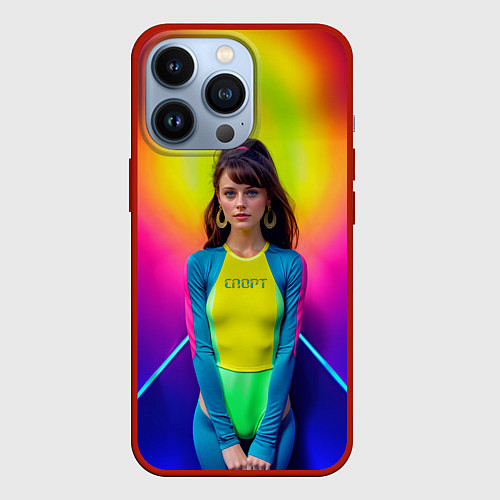 Чехол iPhone 13 Pro Девушка гимнастка в неоновом зале / 3D-Красный – фото 1