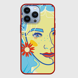 Чехол для iPhone 13 Pro Девушка с голубыми волосами в цветочном венке, цвет: 3D-красный