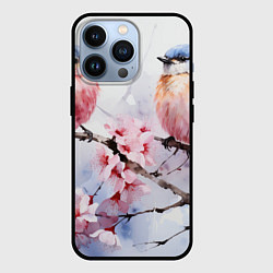 Чехол iPhone 13 Pro Птицы в ветвях сакуры акварель