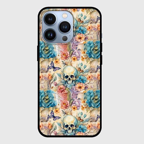 Чехол iPhone 13 Pro Череп в цветах с бабочками узор / 3D-Черный – фото 1
