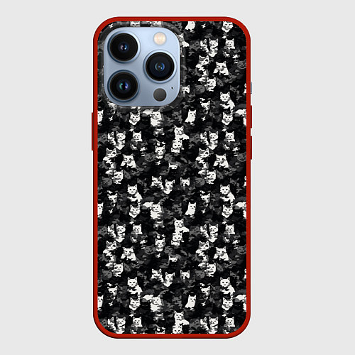 Чехол iPhone 13 Pro Камуфляж с котиками / 3D-Красный – фото 1