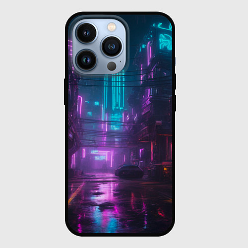 Чехол iPhone 13 Pro Неоновый город киберпанк / 3D-Черный – фото 1
