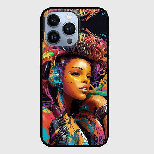 Чехол iPhone 13 Pro Красивая киберпанк девушка и яркие краски в стиле / 3D-Черный – фото 1