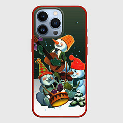Чехол для iPhone 13 Pro Новогодний квартет со снеговиками, цвет: 3D-красный