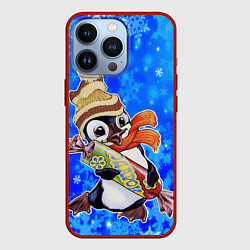 Чехол для iPhone 13 Pro Новогодний пингвин со снежинками, цвет: 3D-красный