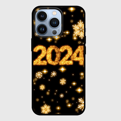 Чехол iPhone 13 Pro Новый 2024 год - золотые снежинки / 3D-Черный – фото 1