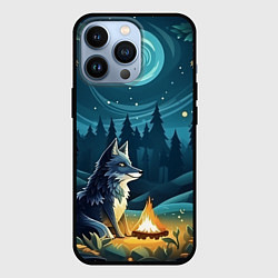 Чехол iPhone 13 Pro Волк у костра в стиле фолк-арт