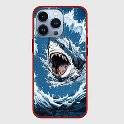 Чехол для iPhone 13 Pro Морда акулы в воде, цвет: 3D-красный