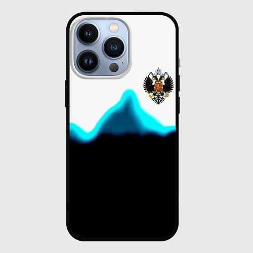 Чехол iPhone 13 Pro Герб РФ синяя волна / 3D-Черный – фото 1