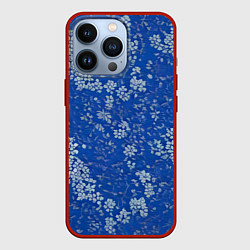 Чехол для iPhone 13 Pro Белые лепестки на синем фоне, цвет: 3D-красный