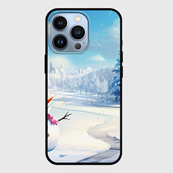 Чехол для iPhone 13 Pro Новогодний пейзаж снеговик, цвет: 3D-черный