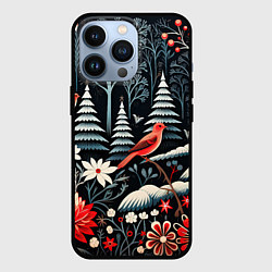 Чехол iPhone 13 Pro Новогодний лес и птицы