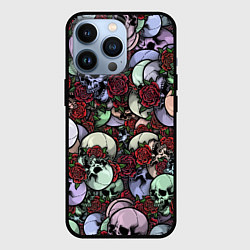 Чехол для iPhone 13 Pro Череп с розами паттерн, цвет: 3D-черный