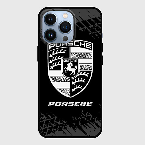 Чехол iPhone 13 Pro Porsche speed на темном фоне со следами шин / 3D-Черный – фото 1