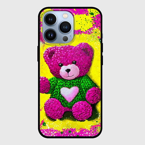 Чехол iPhone 13 Pro Розовый мишка в свитере / 3D-Черный – фото 1
