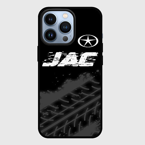 Чехол iPhone 13 Pro JAC speed на темном фоне со следами шин посередине / 3D-Черный – фото 1