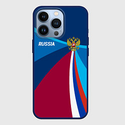 Чехол для iPhone 13 Pro Герб и триколор России с геометрией, цвет: 3D-тёмно-синий