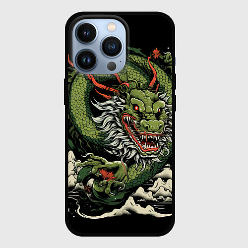 Чехол iPhone 13 Pro Символ года зеленый дракон / 3D-Черный – фото 1