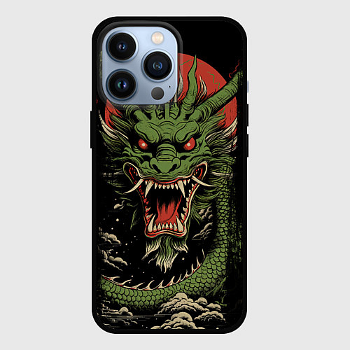 Чехол iPhone 13 Pro Зеленый дракон с открытой пастью / 3D-Черный – фото 1