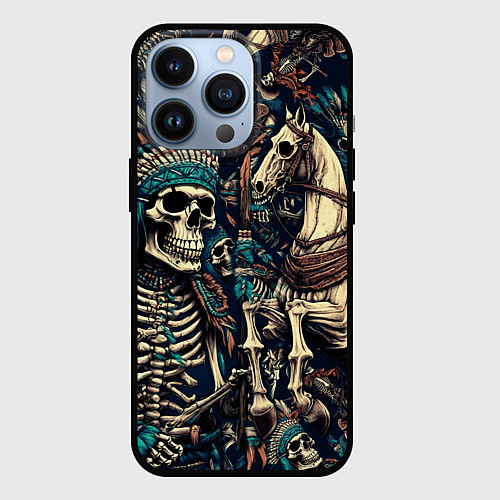 Чехол iPhone 13 Pro Татуировка скелета индейца и ковбоя в техасе / 3D-Черный – фото 1