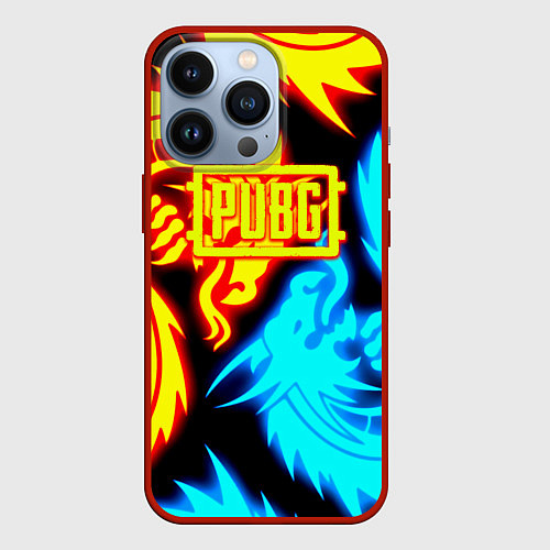 Чехол iPhone 13 Pro PUBG dgragon flame steel / 3D-Красный – фото 1