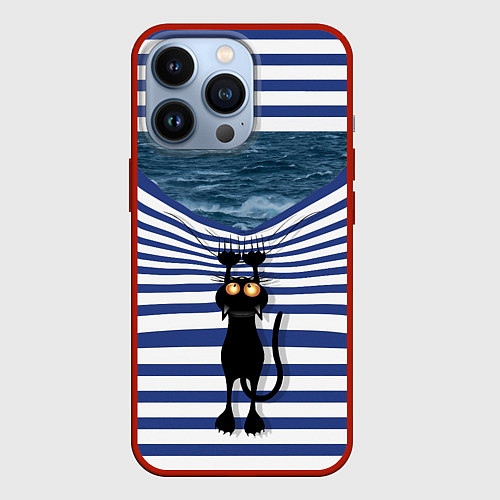 Чехол iPhone 13 Pro Чёрный кот разорвал тельняшку душа моряка / 3D-Красный – фото 1