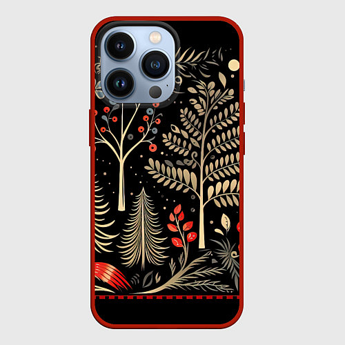 Чехол iPhone 13 Pro Новогодний деревья и узоры / 3D-Красный – фото 1