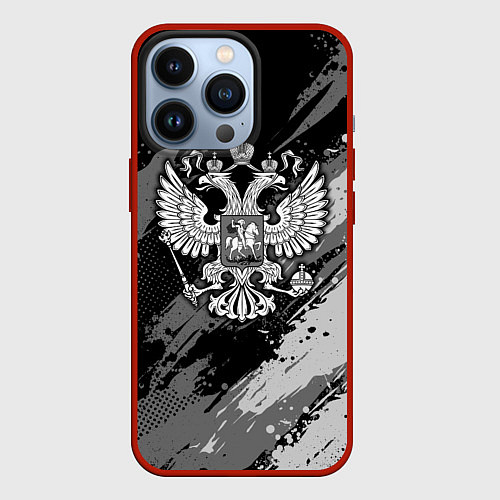 Чехол iPhone 13 Pro Россия - серый монохромный / 3D-Красный – фото 1