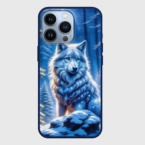 Чехол iPhone 13 Pro Волк в зимнем ночном лесу / 3D-Тёмно-синий – фото 1
