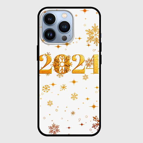 Чехол iPhone 13 Pro Новый 2024 год - золотой / 3D-Черный – фото 1