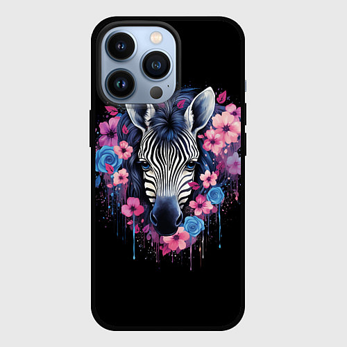 Чехол iPhone 13 Pro Портрет зебры в цветах / 3D-Черный – фото 1