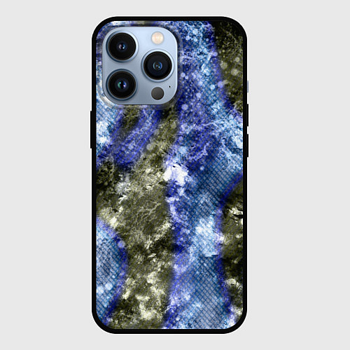 Чехол iPhone 13 Pro Абстракция - гранж синие полосы на сером / 3D-Черный – фото 1