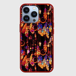 Чехол для iPhone 13 Pro Ловцы снов с яркими перьями, цвет: 3D-красный
