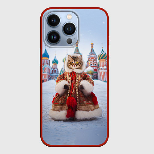 Чехол iPhone 13 Pro Новогодняя кошечка в пальто / 3D-Красный – фото 1